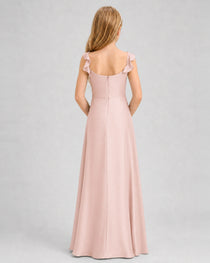 Blush Pink Junior Bridesmaid Dress Tie-Shoulder Flowy Chiffon Floor-Length Gown Back View