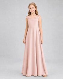 Blush Pink Junior Bridesmaid Dress Tie-Shoulder Flowy Chiffon Floor-Length Gown Front View