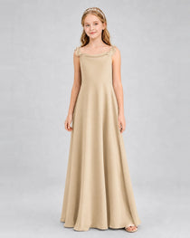 Champagne Junior Bridesmaid Dress Tie-Shoulder Flowy Chiffon Floor-Length Gown Front View