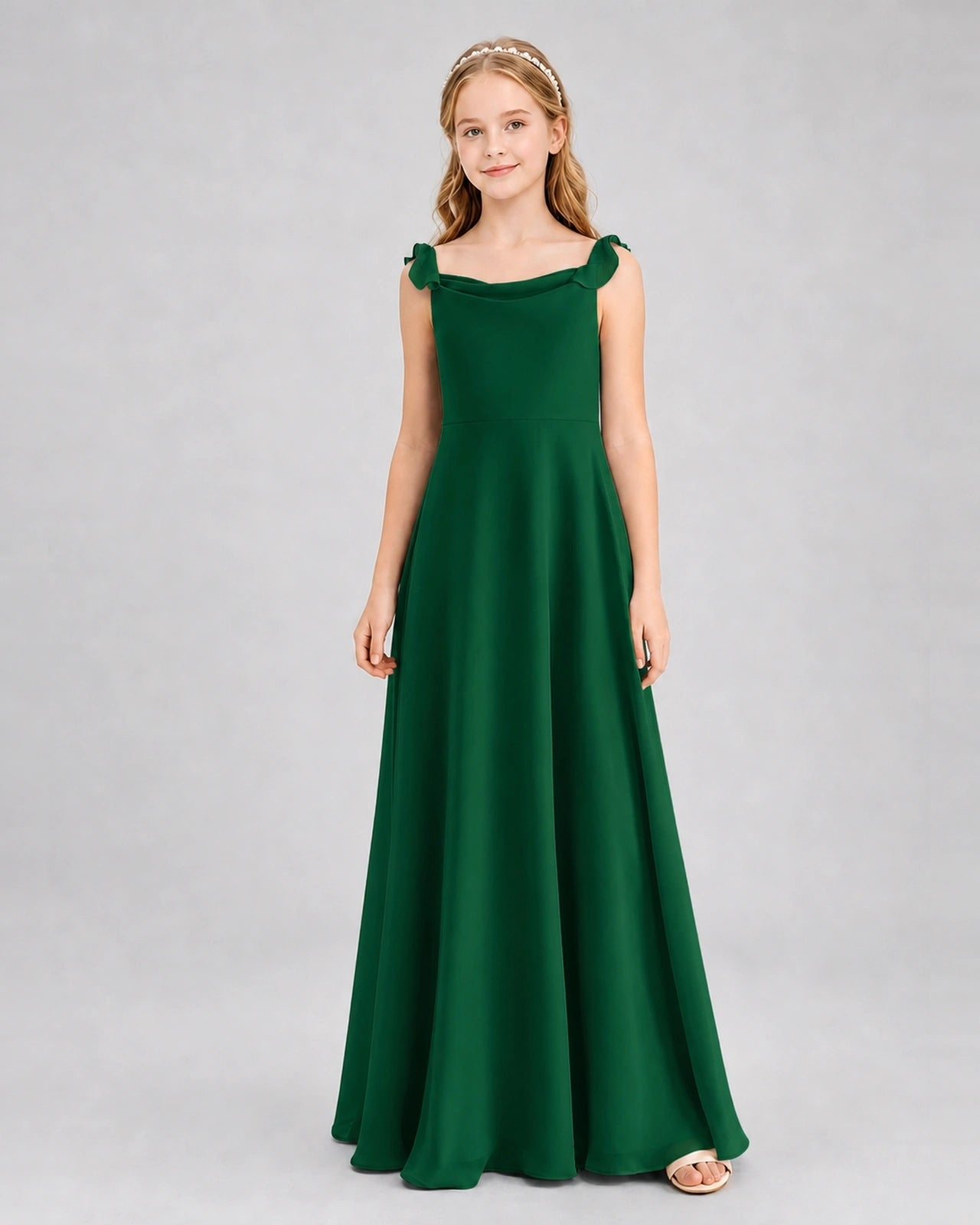 Dark Green Junior Bridesmaid Dress Tie-Shoulder Flowy Chiffon Floor-Length Gown Front View