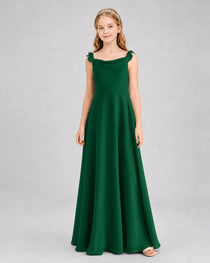 Dark Green Junior Bridesmaid Dress Tie-Shoulder Flowy Chiffon Floor-Length Gown Front View