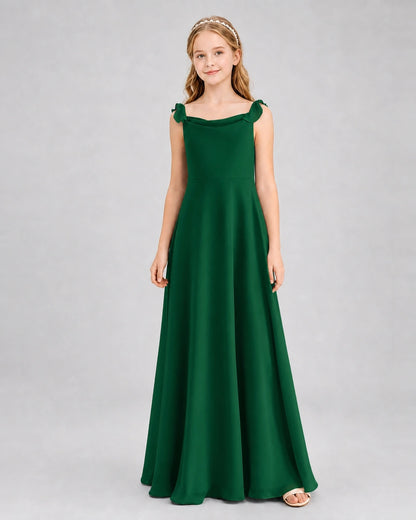 Dark Green Junior Bridesmaid Dress Tie-Shoulder Flowy Chiffon Floor-Length Gown Front View