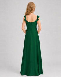 Dark Green Junior Bridesmaid Dress Tie-Shoulder Flowy Chiffon Floor-Length Gown Back View