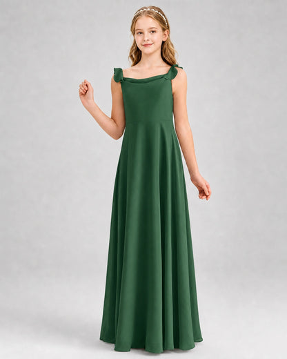 Emerald Green Junior Bridesmaid Dress Tie-Shoulder Flowy Chiffon Floor-Length Gown Front View