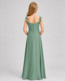 Eucalyptus Junior Bridesmaid Dress Tie-Shoulder Flowy Chiffon Floor-Length Gown Back View