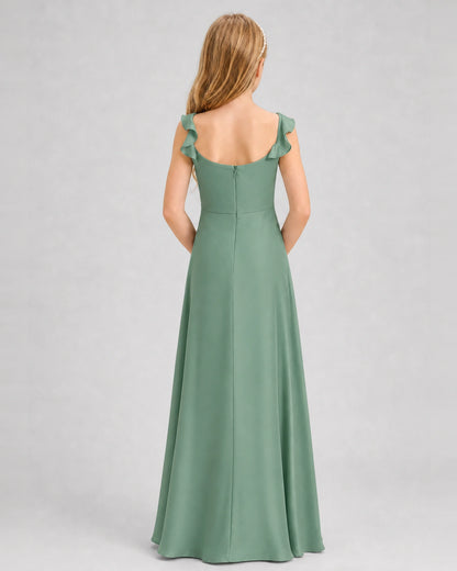 Eucalyptus Junior Bridesmaid Dress Tie-Shoulder Flowy Chiffon Floor-Length Gown Back View