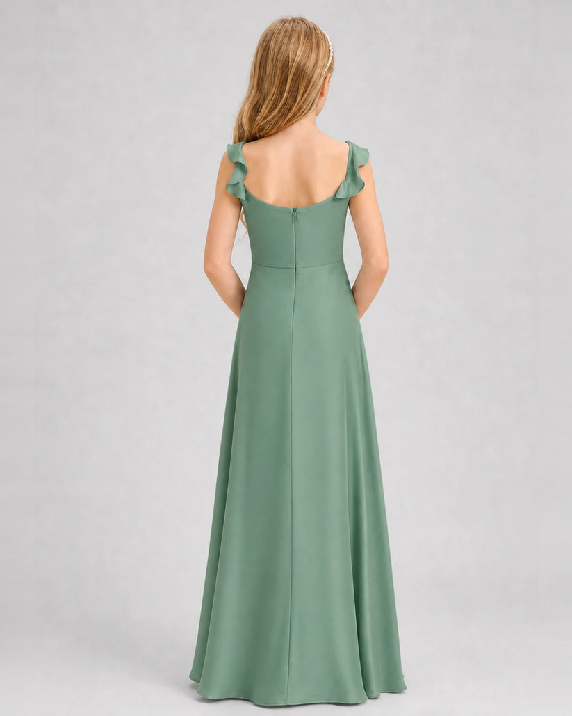 Eucalyptus Chiffon A-line Junior Bridesmaid Dress Back View