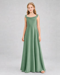 Eucalyptus Junior Bridesmaid Dress Tie-Shoulder Flowy Chiffon Floor-Length Gown Front View