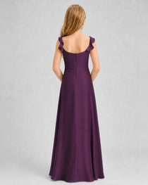 Grape Junior Bridesmaid Dress Tie-Shoulder Flowy Chiffon Floor-Length Gown Back View