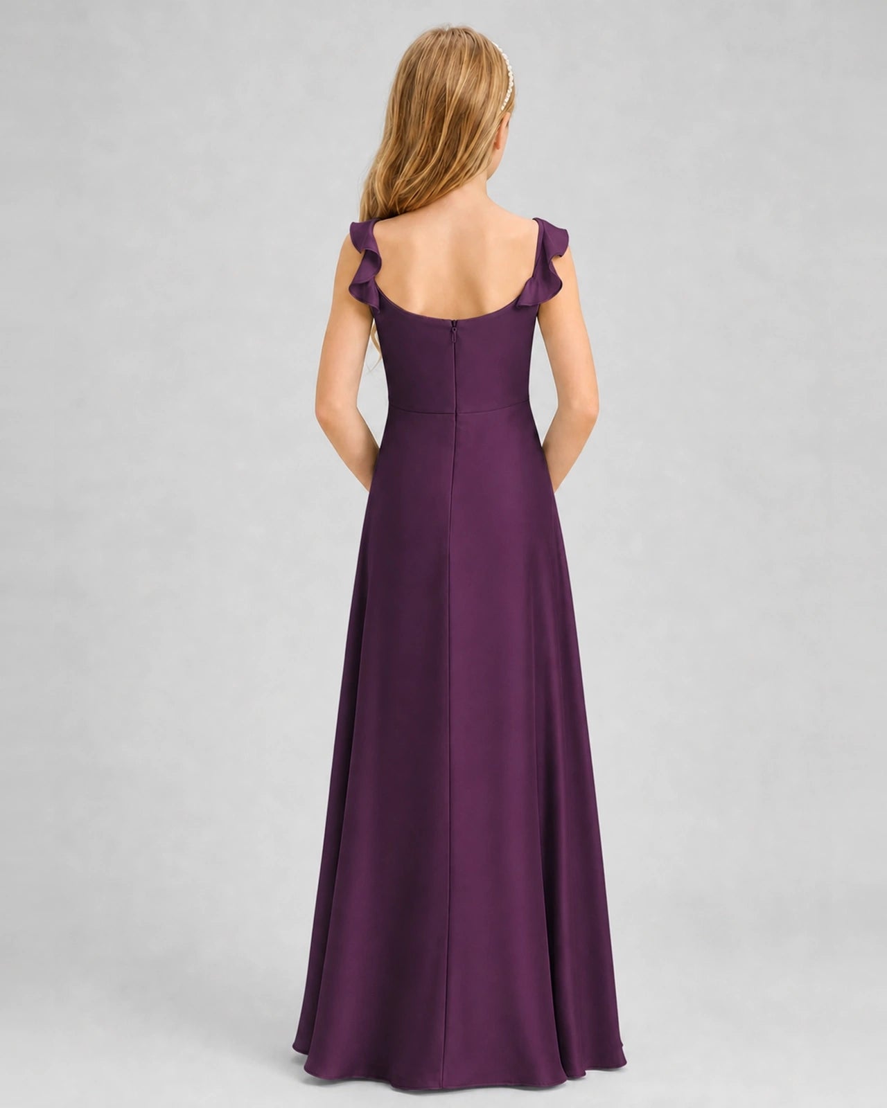 Grape Junior Bridesmaid Dress Tie-Shoulder Flowy Chiffon Floor-Length Gown Back View