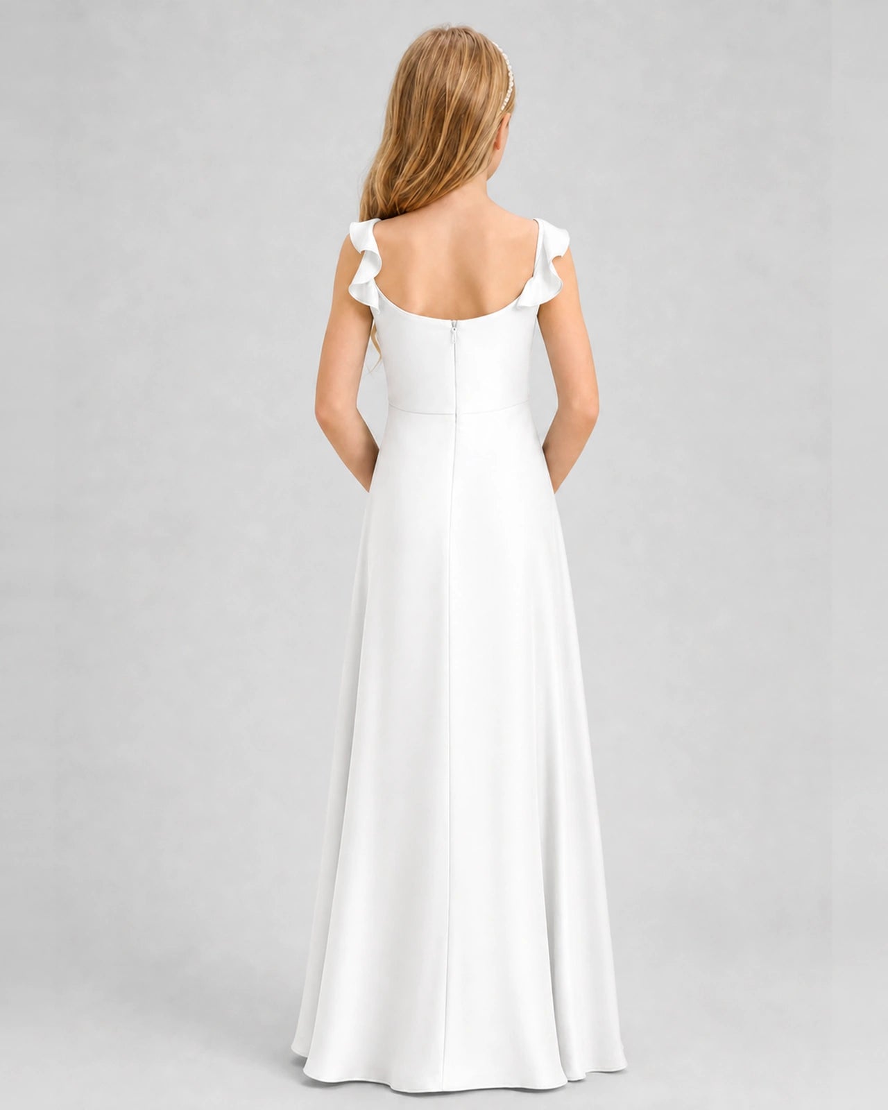 White Junior Bridesmaid Dress Tie-Shoulder Flowy Chiffon Floor-Length Gown Back View