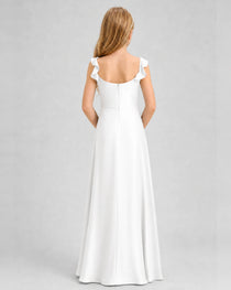 White Junior Bridesmaid Dress Tie-Shoulder Flowy Chiffon Floor-Length Gown Back View