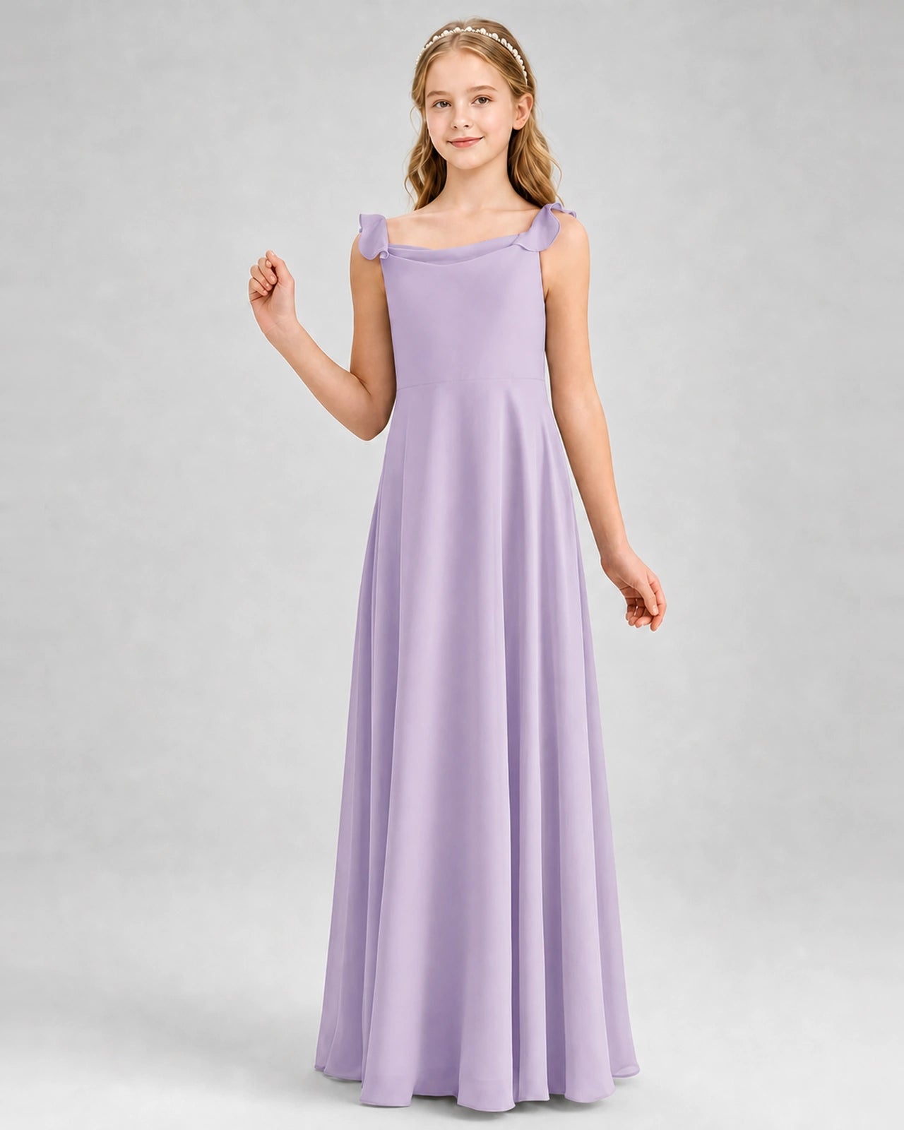 Lavender Junior Bridesmaid Dress Tie-Shoulder Flowy Chiffon Floor-Length Gown Front View