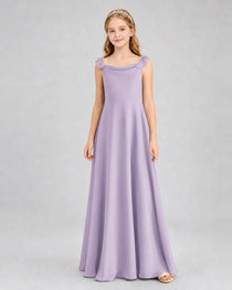 Lavender Junior Bridesmaid Dress Tie-Shoulder Flowy Chiffon Floor-Length Gown Front View
