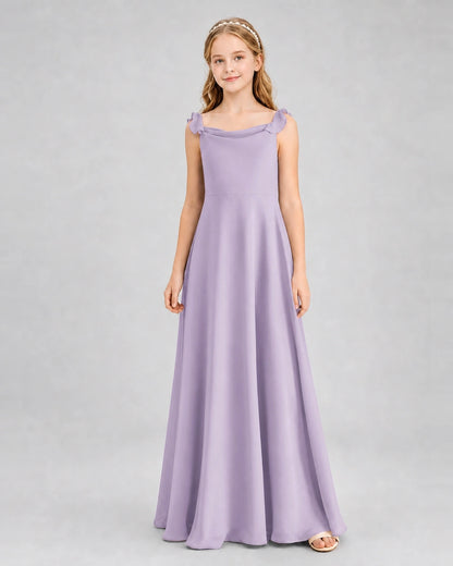 Lavender Junior Bridesmaid Dress Tie-Shoulder Flowy Chiffon Floor-Length Gown Front View