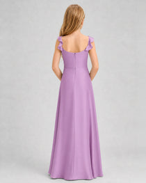 Lilac Junior Bridesmaid Dress Tie-Shoulder Flowy Chiffon Floor-Length Gown Back View