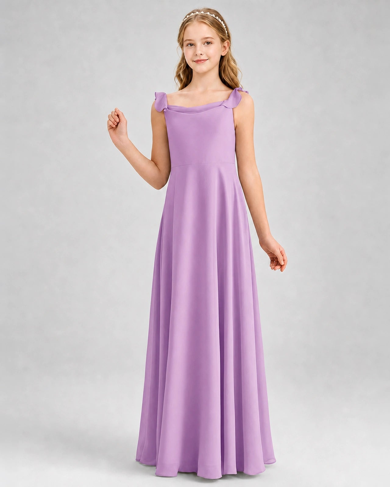 Lilac Junior Bridesmaid Dress Tie-Shoulder Flowy Chiffon Floor-Length Gown Front View