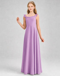 Lilac Junior Bridesmaid Dress Tie-Shoulder Flowy Chiffon Floor-Length Gown Front View