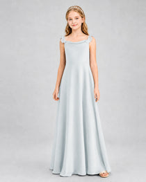 Lilac Junior Bridesmaid Dress Tie-Shoulder Flowy Chiffon Floor-Length Gown Front View