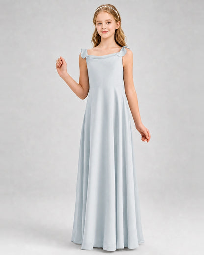 Mist Junior Bridesmaid Dress Tie-Shoulder Flowy Chiffon Floor-Length Gown Front View