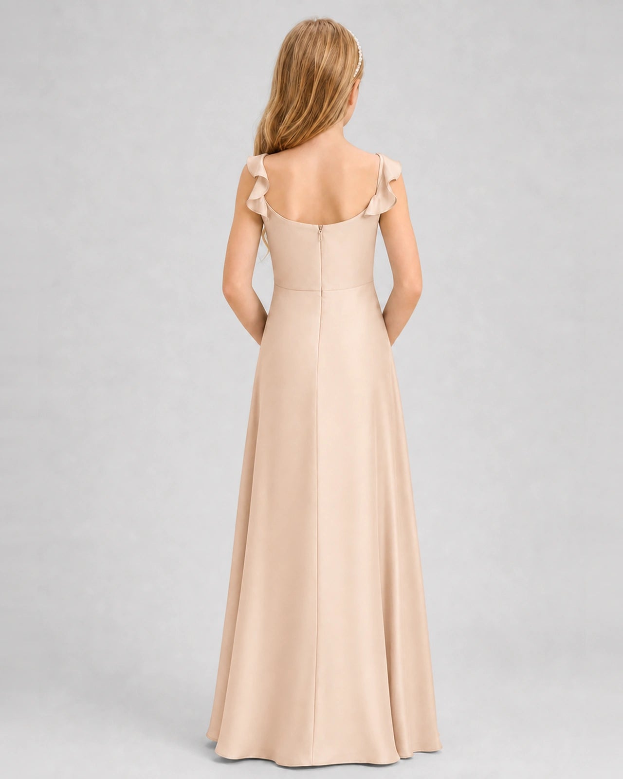 Peach Junior Bridesmaid Dress Tie-Shoulder Flowy Chiffon Floor-Length Gown Back View