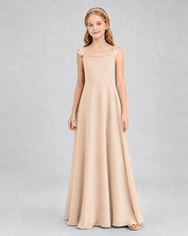 Peach Junior Bridesmaid Dress Tie-Shoulder Flowy Chiffon Floor-Length Gown Front View