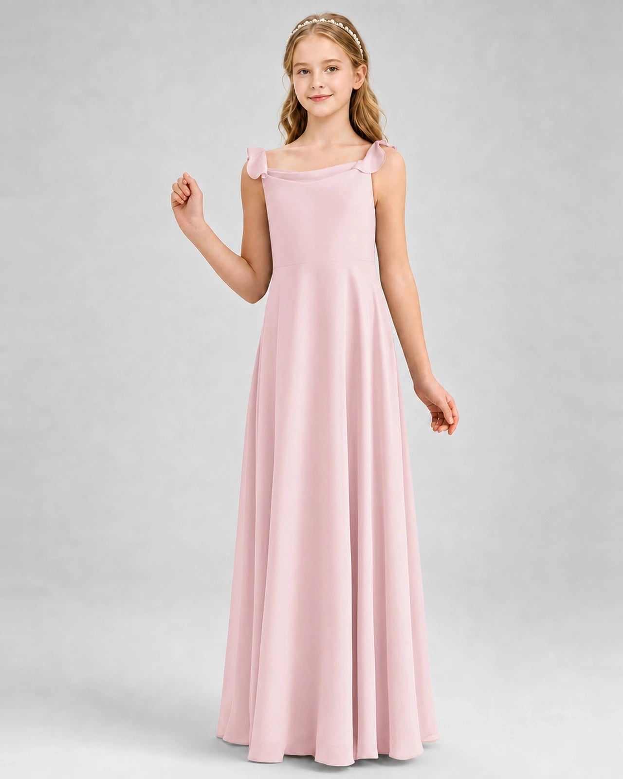 Pink Junior Bridesmaid Dress Tie-Shoulder Flowy Chiffon Floor-Length Gown Front View