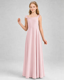 Pink Junior Bridesmaid Dress Tie-Shoulder Flowy Chiffon Floor-Length Gown Front View