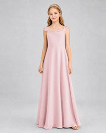Pink Junior Bridesmaid Dress Tie-Shoulder Flowy Chiffon Floor-Length Gown Front View