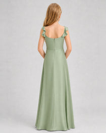 Sage Green Junior Bridesmaid Dress Tie-Shoulder Flowy Chiffon Floor-Length Gown Back View