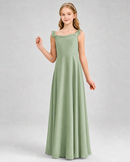 Sage Green Junior Bridesmaid Dress Tie-Shoulder Flowy Chiffon Floor-Length Gown Front View
