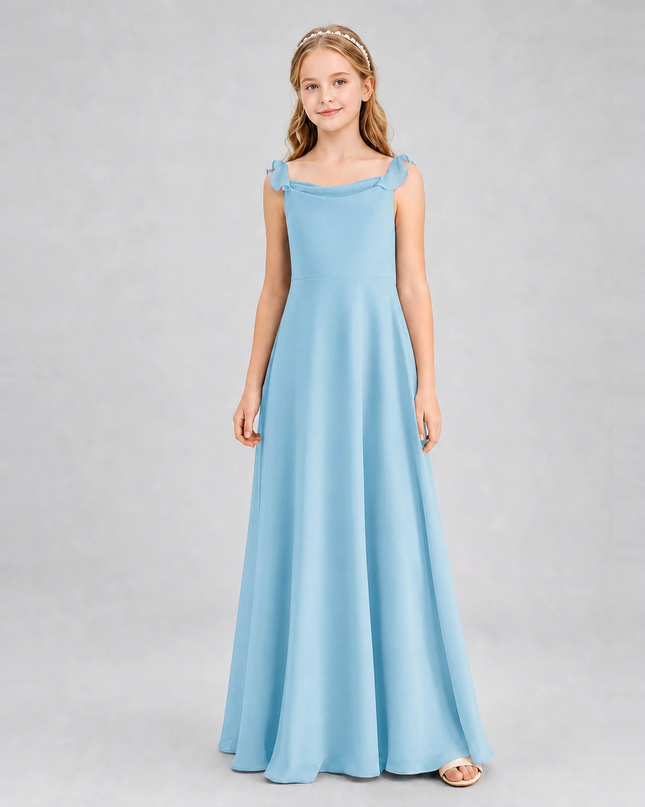 Sky Blue Junior Bridesmaid Dress Tie-Shoulder Flowy Chiffon Floor-Length Gown Front View