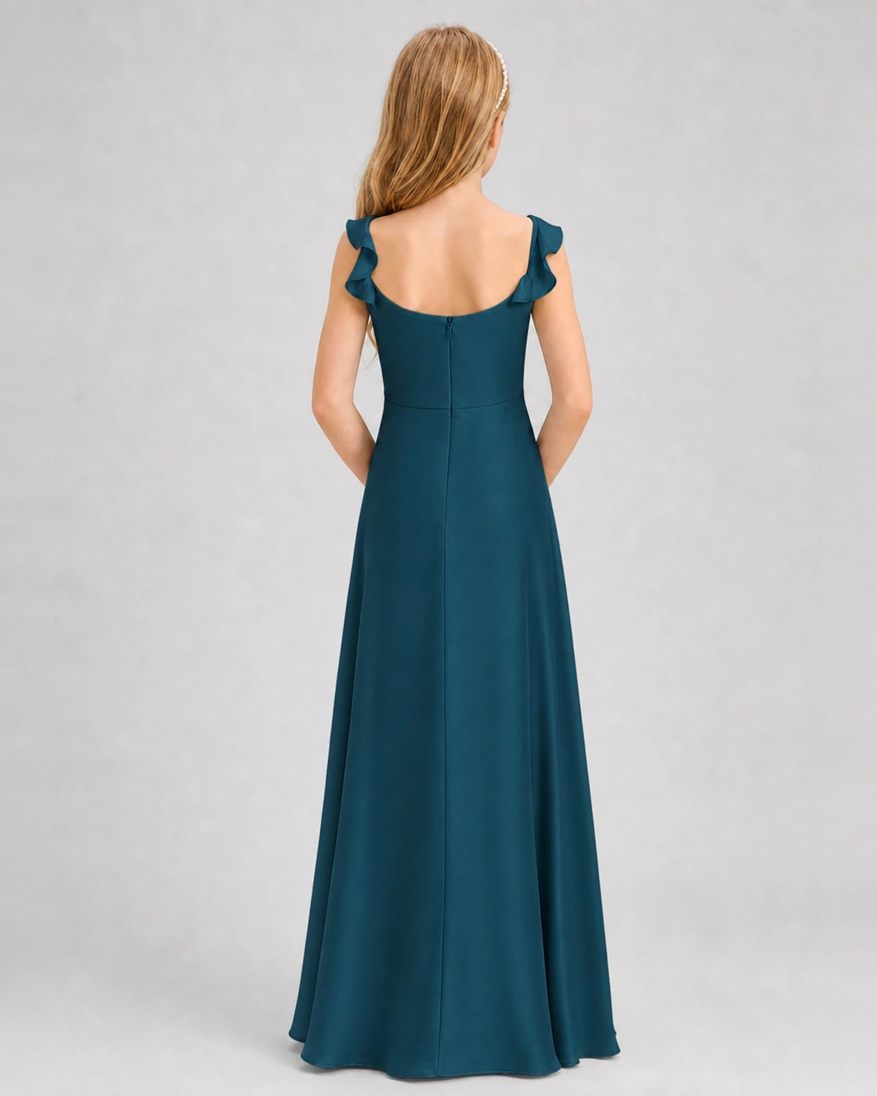 Teal Junior Bridesmaid Dress Tie-Shoulder Flowy Chiffon Floor-Length Gown Back View
