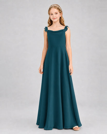 Teal Junior Bridesmaid Dress Tie-Shoulder Flowy Chiffon Floor-Length Gown Front View