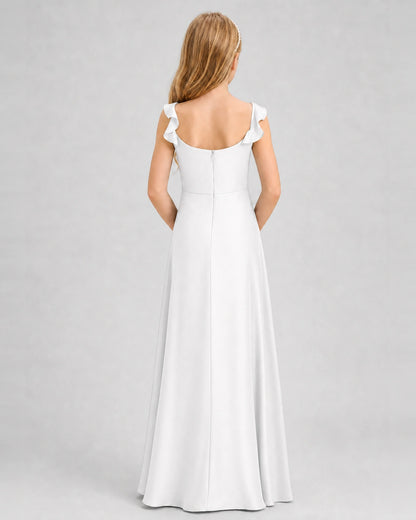Ivory Junior Bridesmaid Dress Tie-Shoulder Flowy Chiffon Floor-Length Gown Back View