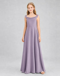 Wisteria Junior Bridesmaid Dress Tie-Shoulder Flowy Chiffon Floor-Length Gown Front View