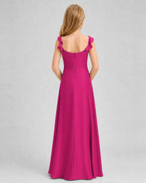 Hot Pink Junior Bridesmaid Dress Tie-Shoulder Flowy Chiffon Floor-Length Gown Back View