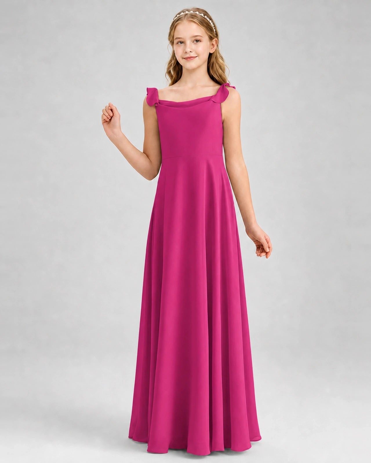 Hot Pink Junior Bridesmaid Dress Tie-Shoulder Flowy Chiffon Floor-Length Gown Front View
