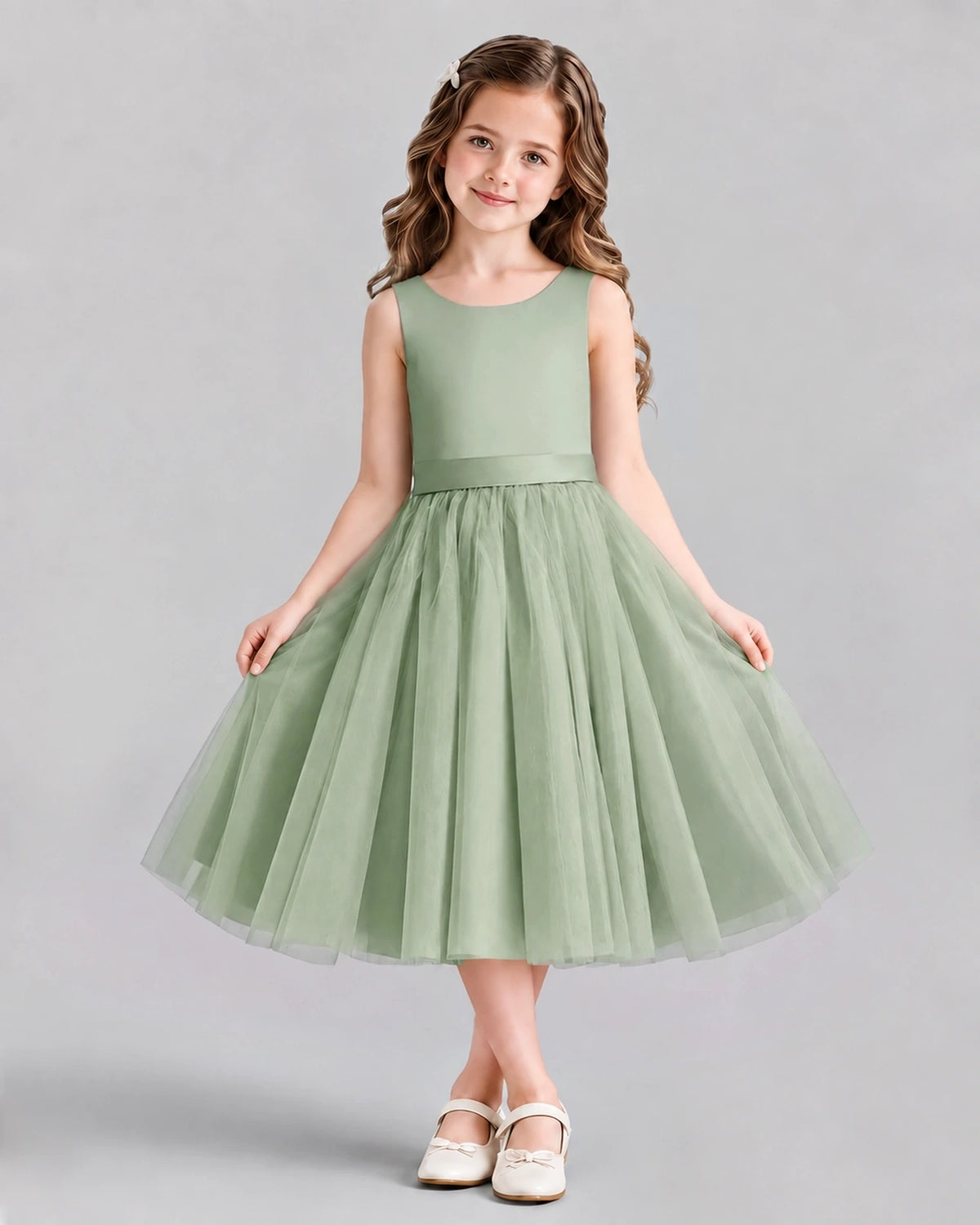 Sage Green Ball Gown Girls Formal Dresses Front