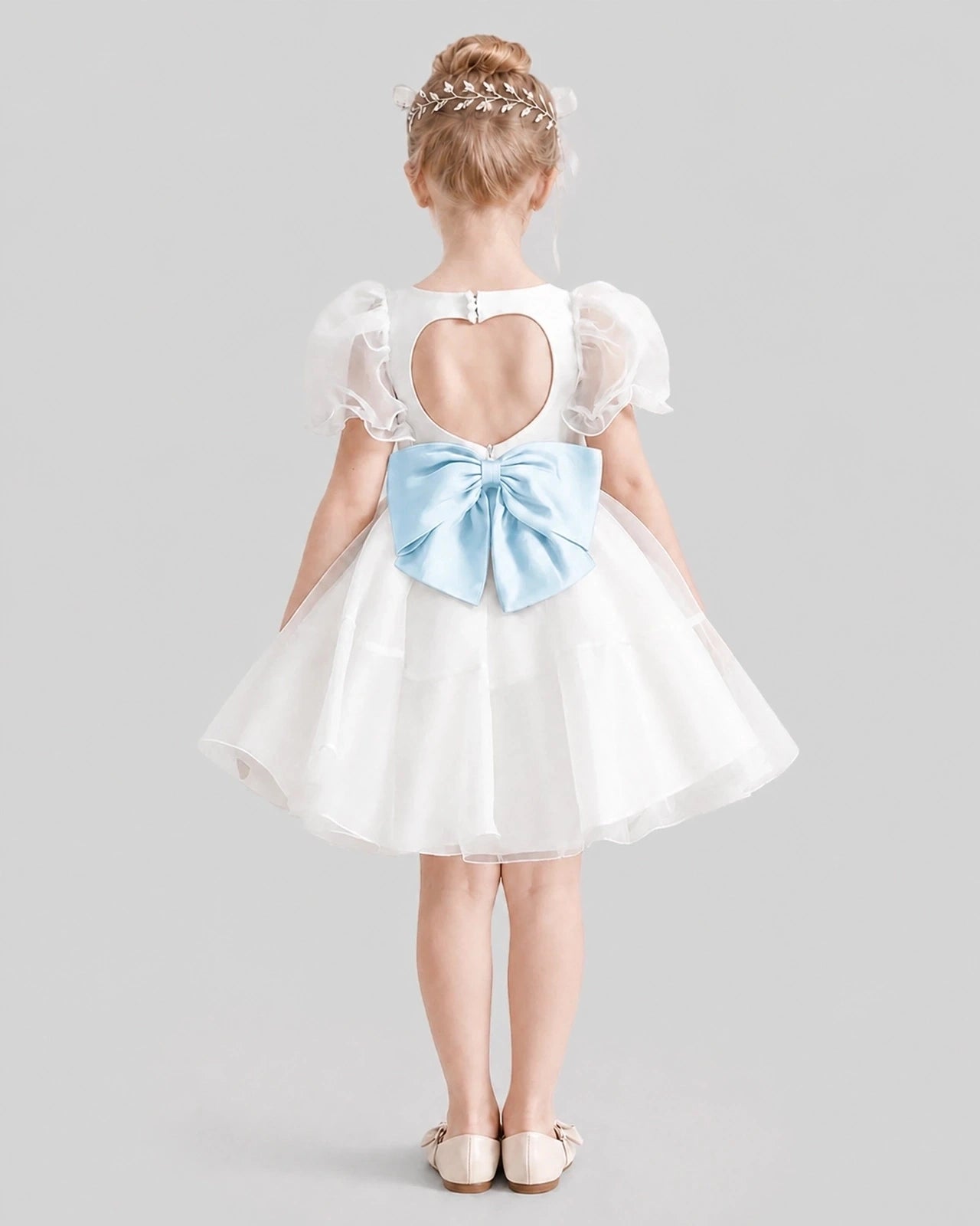 Dideyttawl Heart Cutout Organza Flower Girl Dress with Puff Sleeves