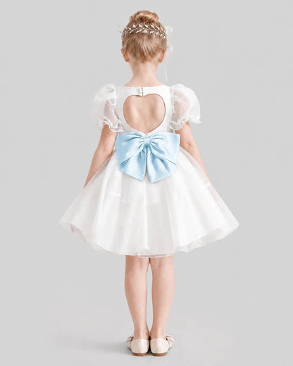 Dideyttawl Heart Cutout Organza Flower Girl Dress with Puff Sleeves