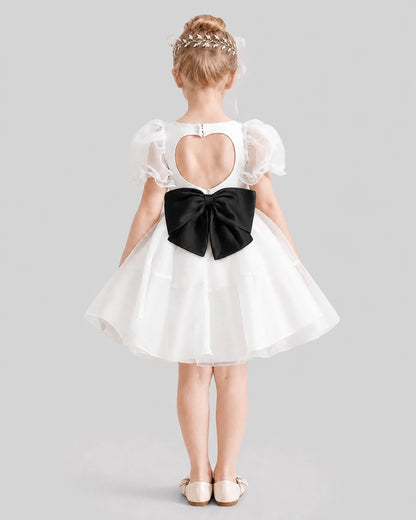 Dideyttawl Heart Cutout Organza Flower Girl Dress with Puff Sleeves