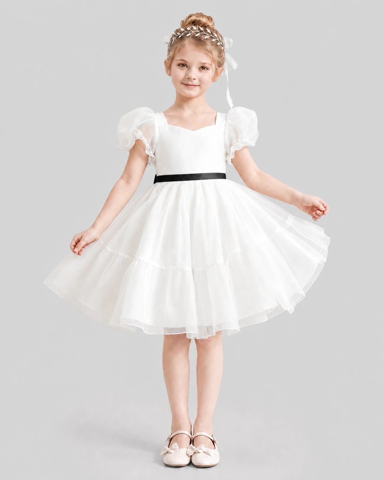 Dideyttawl Heart Cutout Organza Flower Girl Dress with Puff Sleeves