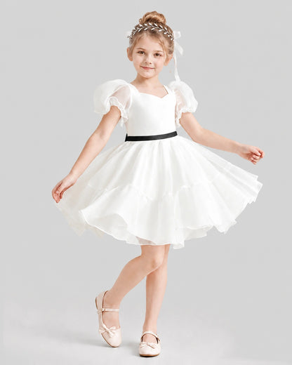 Dideyttawl Heart Cutout Organza Flower Girl Dress with Puff Sleeves