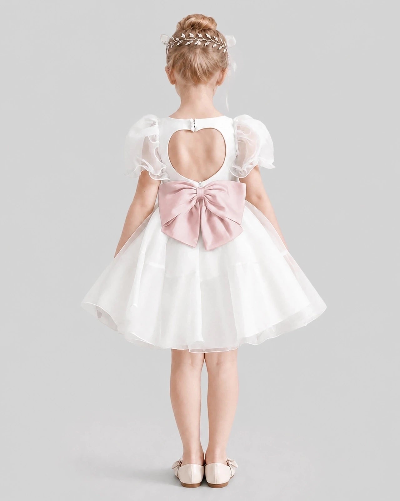 Dideyttawl Heart Cutout Organza Flower Girl Dress with Puff Sleeves