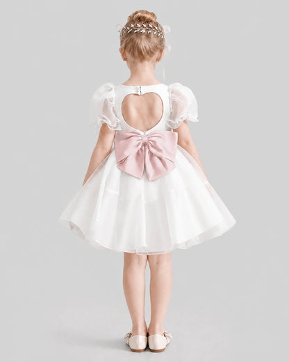 Dideyttawl Heart Cutout Organza Flower Girl Dress with Puff Sleeves