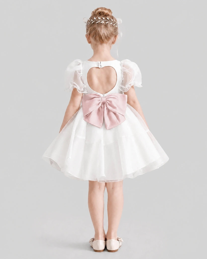 Blush Pink Satin Open Back Flower Girl Dress Back View