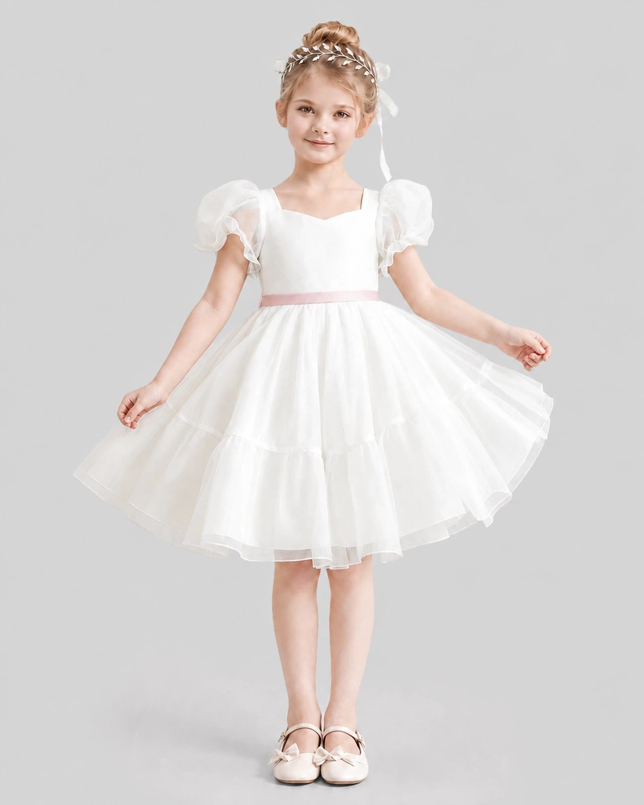 Dideyttawl Heart Cutout Organza Flower Girl Dress with Puff Sleeves
