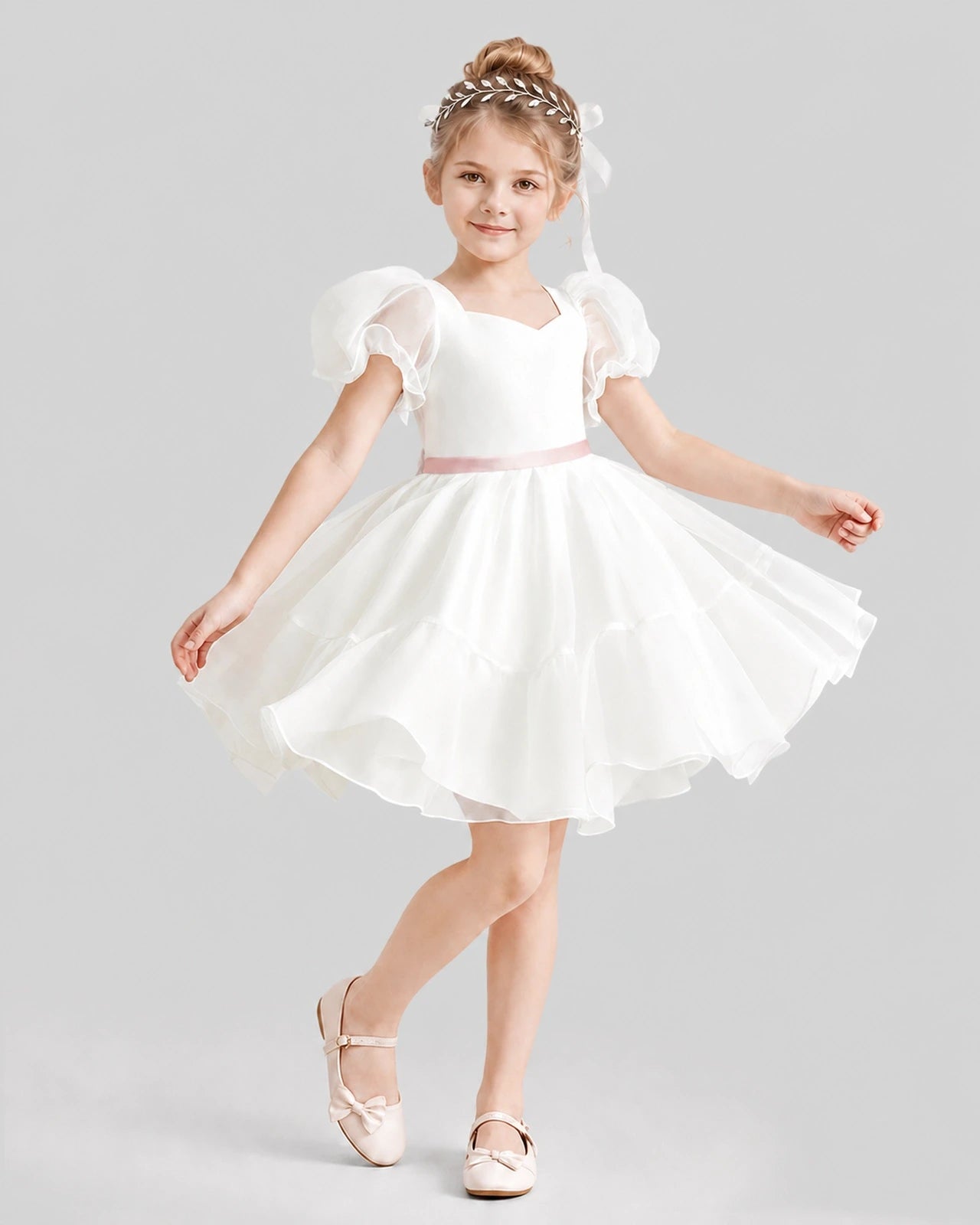 Dideyttawl Heart Cutout Organza Flower Girl Dress with Puff Sleeves