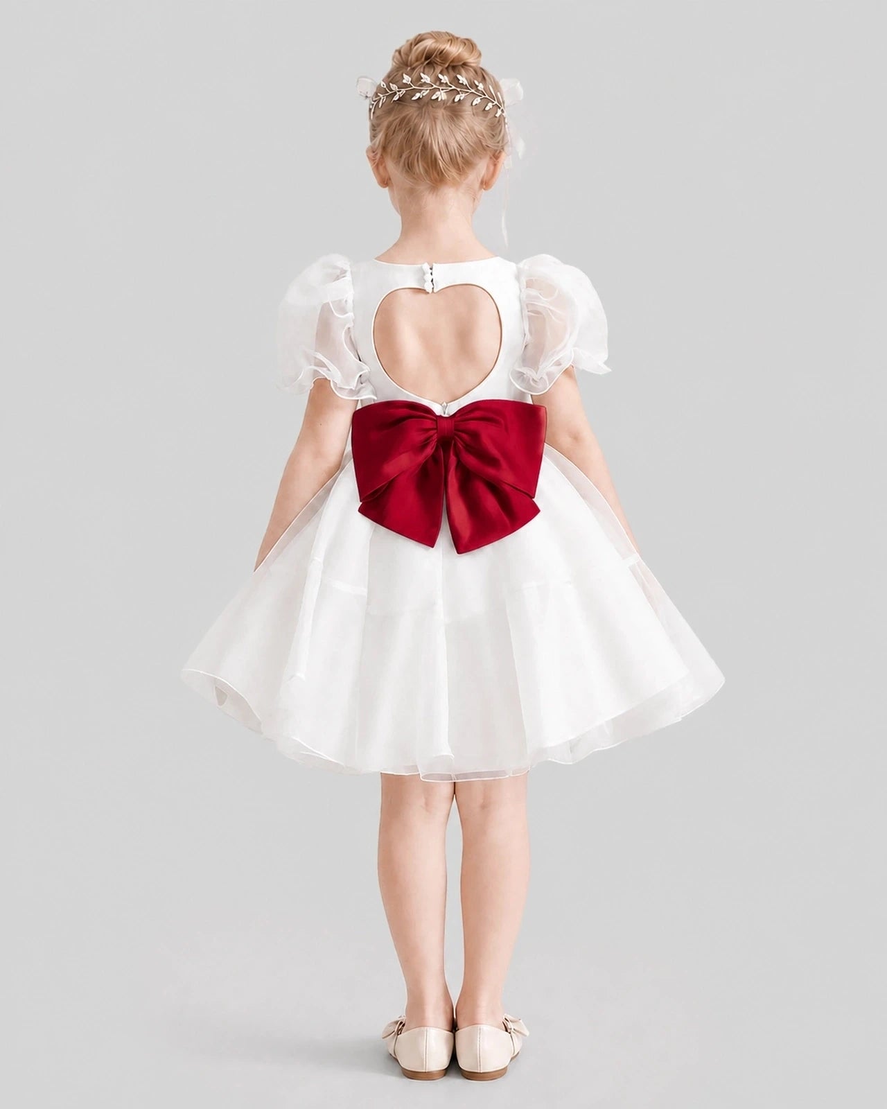 Dideyttawl Heart Cutout Organza Flower Girl Dress with Puff Sleeves